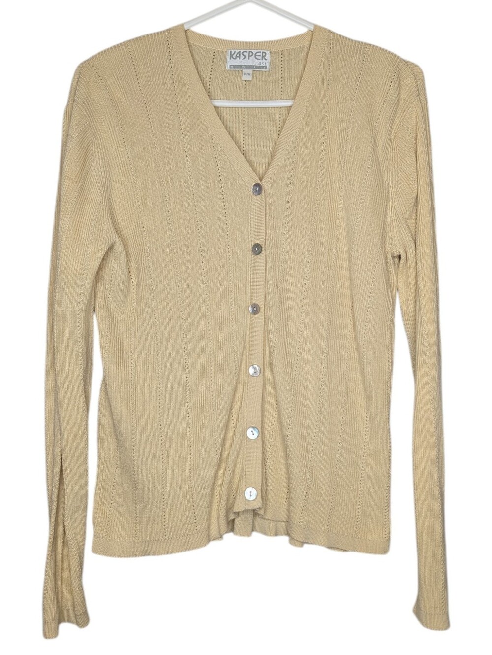 Vintage Kasper Women’s M 100% Silk Knit Cardigan Soft Yellow Beige Pointelle Y2K